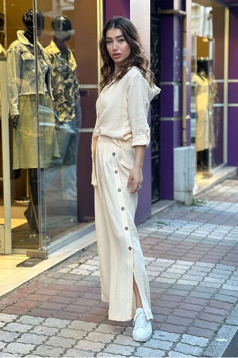 Yan Düğmeli Müslin Doku Salaş İkili Takım-Krem