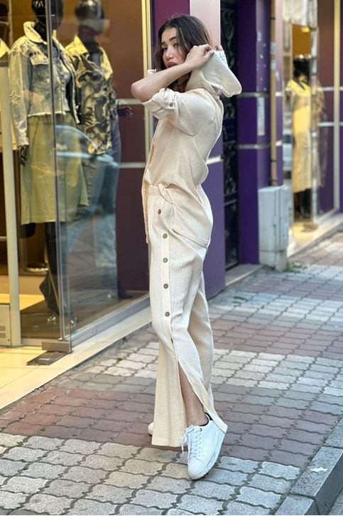 Yan Düğmeli Müslin Doku Salaş İkili Takım-Krem