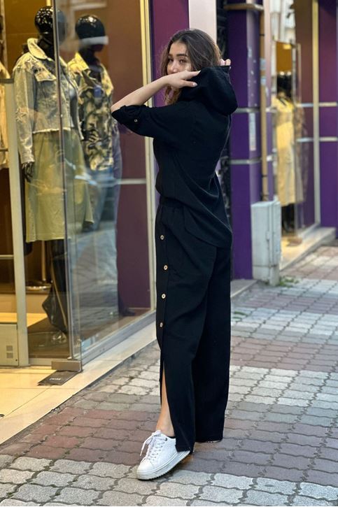 Yan Düğmeli Müslin Doku Salaş İkili Takım-Siyah