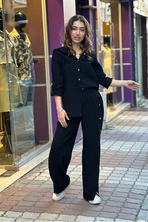 Yan Düğmeli Müslin Doku Salaş İkili Takım-Siyah