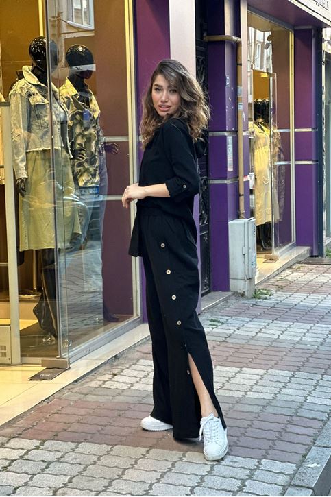 Yan Düğmeli Müslin Doku Salaş İkili Takım-Siyah