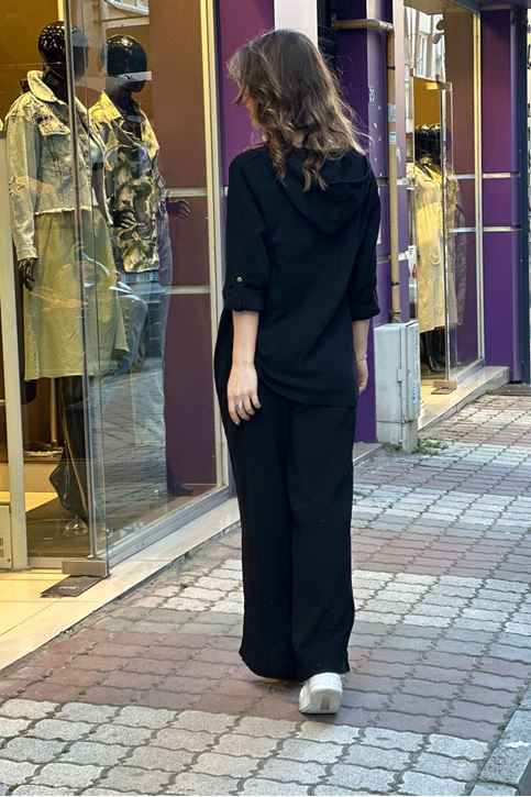 Yan Düğmeli Müslin Doku Salaş İkili Takım-Siyah