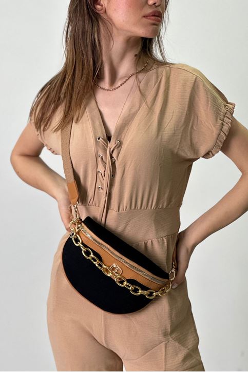 Keten Doku Zincir Detaylı Bel Askılı Çanta-Taba