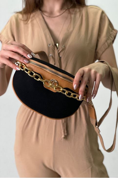 Keten Doku Zincir Detaylı Bel Askılı Çanta-Taba