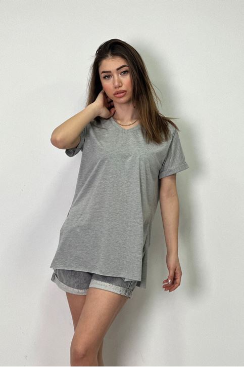 V Yaka Yan Yırtmaçlı Tshirt-Gri
