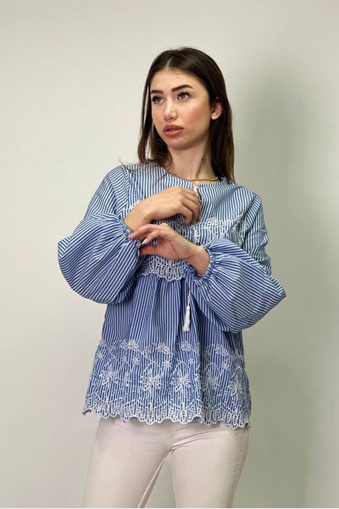 Balon Kol Fisto Detaylı Çizgili Bluz-Mavi