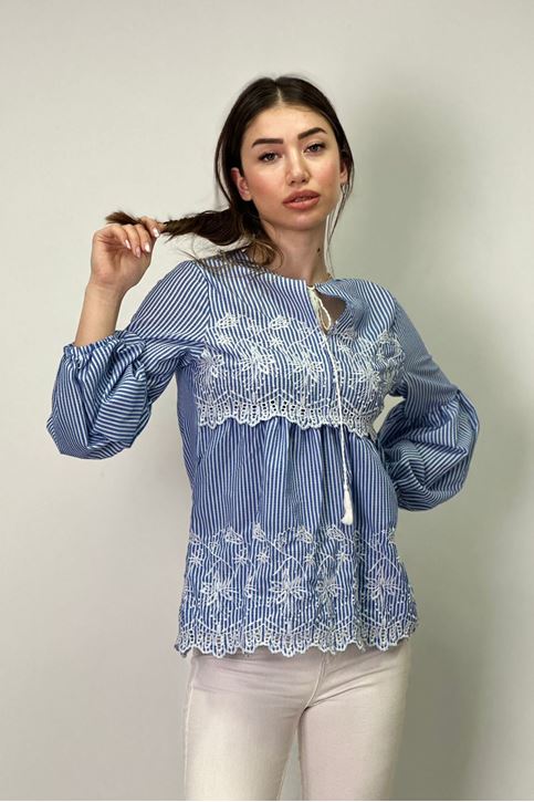 Balon Kol Fisto Detaylı Çizgili Bluz-Mavi