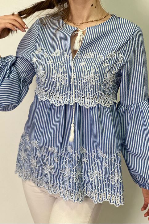 Balon Kol Fisto Detaylı Çizgili Bluz-Mavi