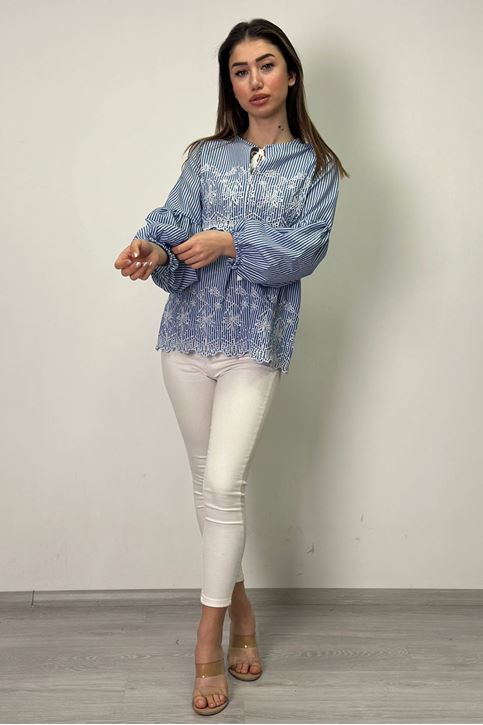 Balon Kol Fisto Detaylı Çizgili Bluz-Mavi