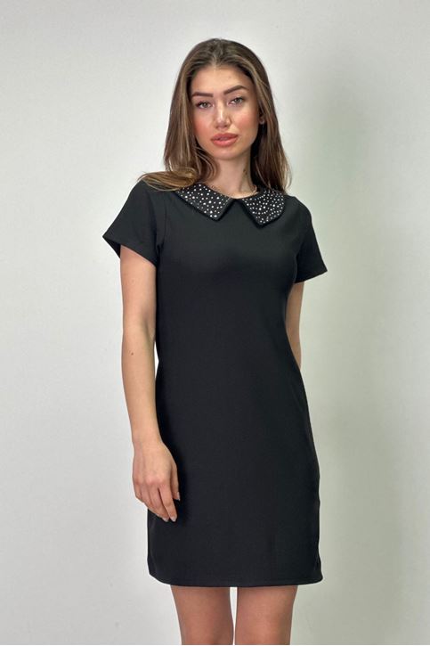 Bebe Yaka Taşlı Mini Dar Elbise-Siyah