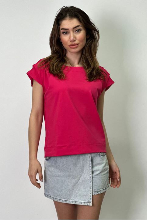 Omuzları Üç Pileli Yuvarlak Yaka Scuba Bluz-Pembe