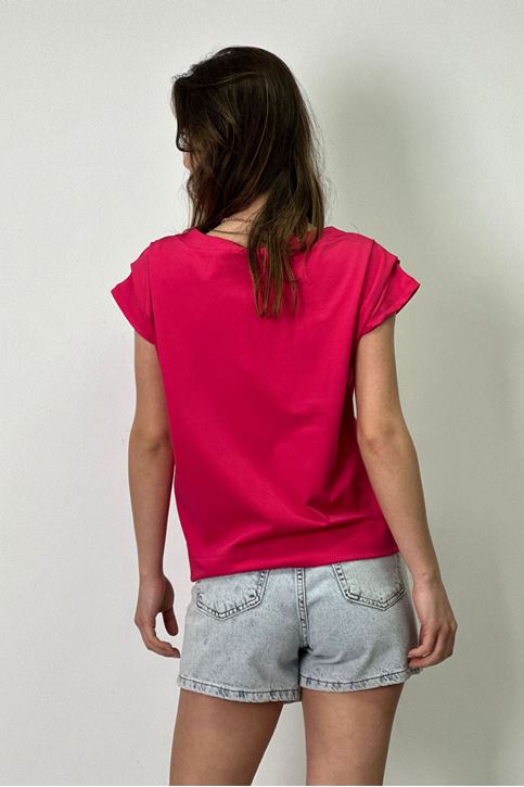 Omuzları Üç Pileli Yuvarlak Yaka Scuba Bluz-Pembe