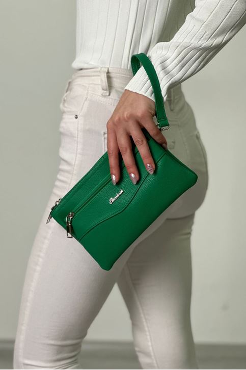 Üç Fermuarlı Yıkama Deri El Çantası-Yeşil