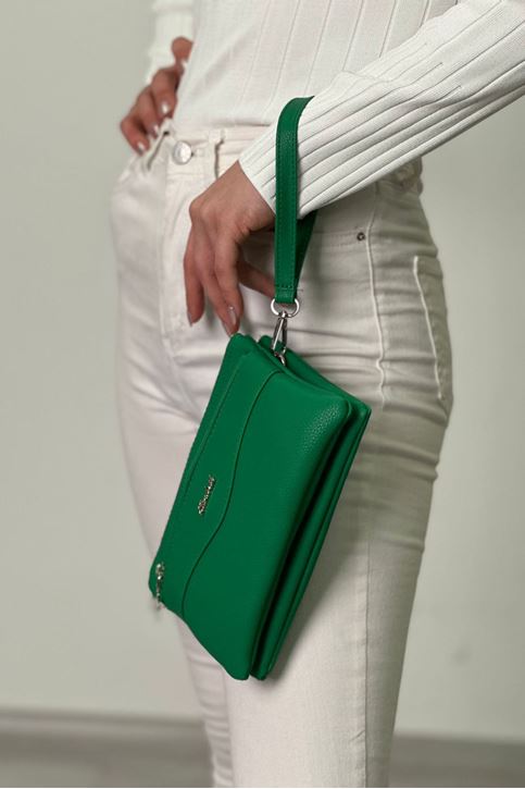 Üç Fermuarlı Yıkama Deri El Çantası-Yeşil