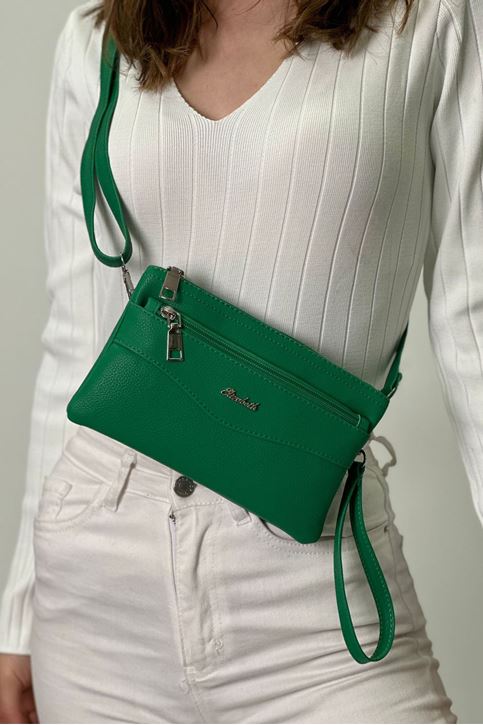 Üç Fermuarlı Yıkama Deri El Çantası-Yeşil