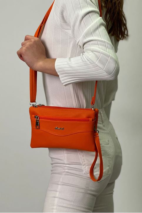 Üç Fermuarlı Yıkama Deri El Çantası-Turuncu
