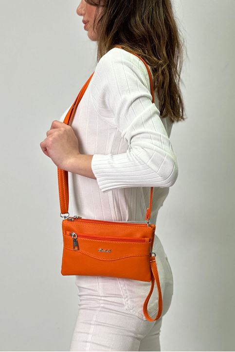 Üç Fermuarlı Yıkama Deri El Çantası-Turuncu