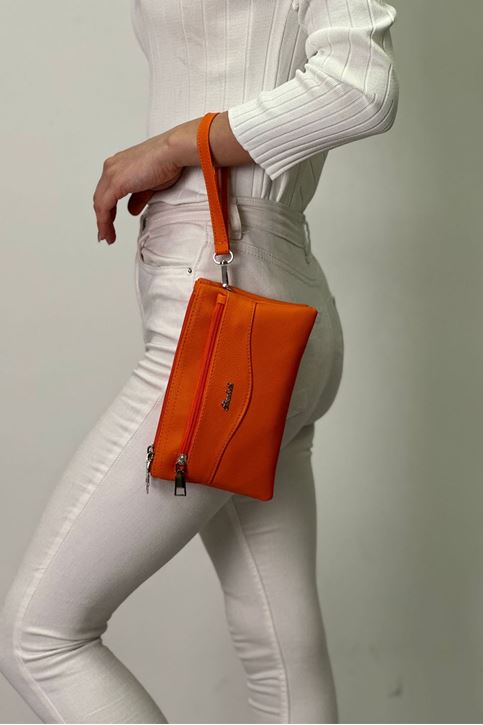 Üç Fermuarlı Yıkama Deri El Çantası-Turuncu