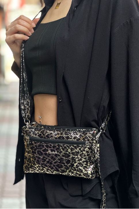 Küçük Taş Detaylı Desenli Yan Askılı Çanta-bakır-varak