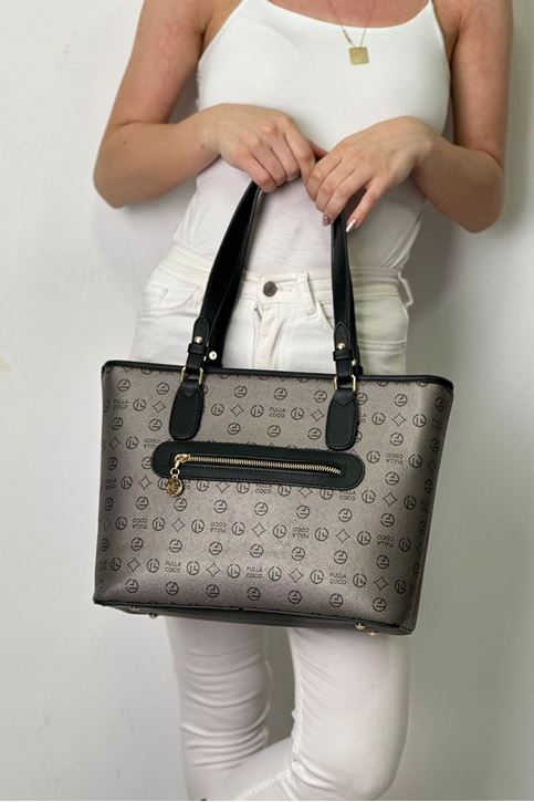 Ön Çift Şeritli Desenli Deri Kol Çantası-Gri