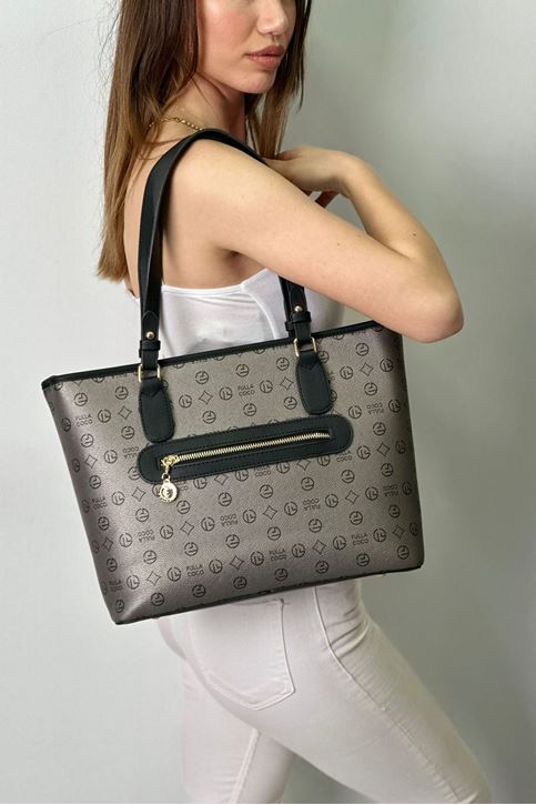 Ön Çift Şeritli Desenli Deri Kol Çantası-Gri