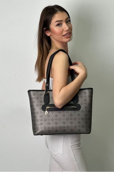 Ön Çift Şeritli Desenli Deri Kol Çantası-Gri