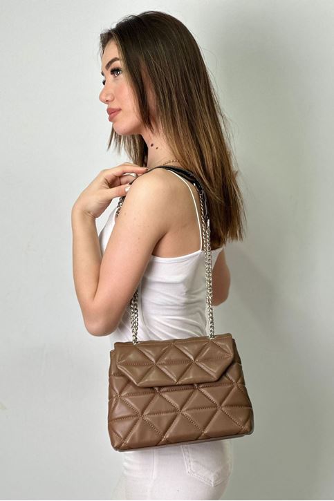 Baklava Desenli Zincirli Kol Çantası-Vizon