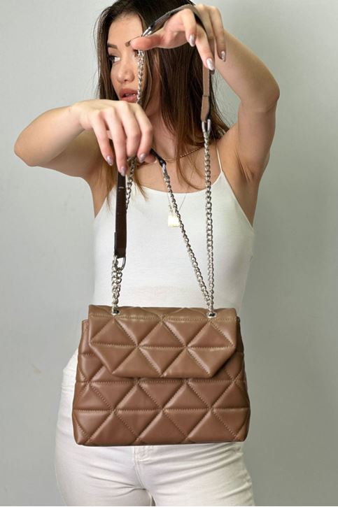 Baklava Desenli Zincirli Kol Çantası-Vizon