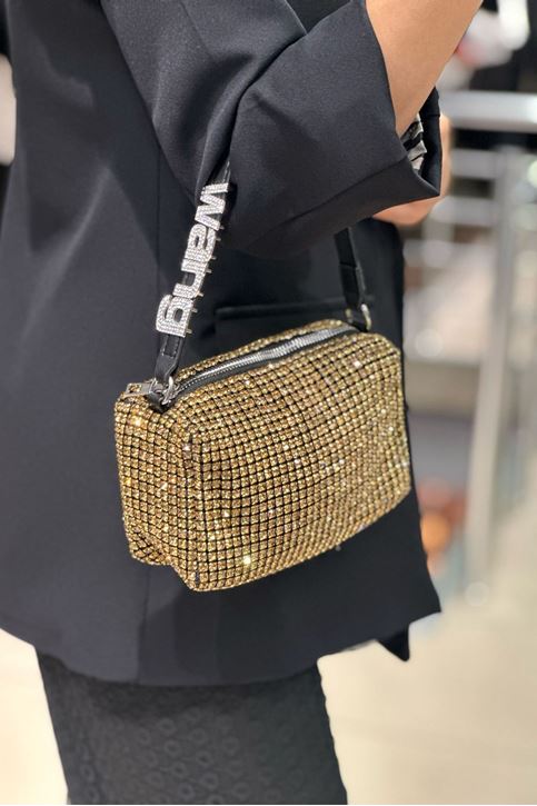 Askısı Yazı Detaylı Mini Taşlı Çanta-Bakır