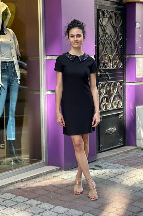 Bebe Yaka Taşlı Mini Dar Elbise-Siyah