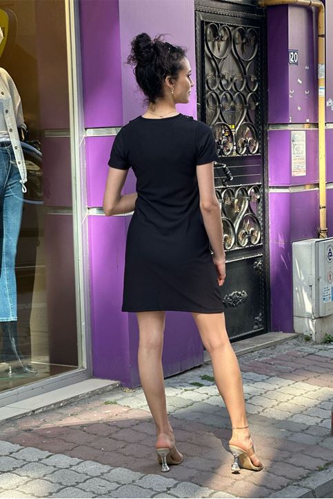 Bebe Yaka Taşlı Mini Dar Elbise-Siyah