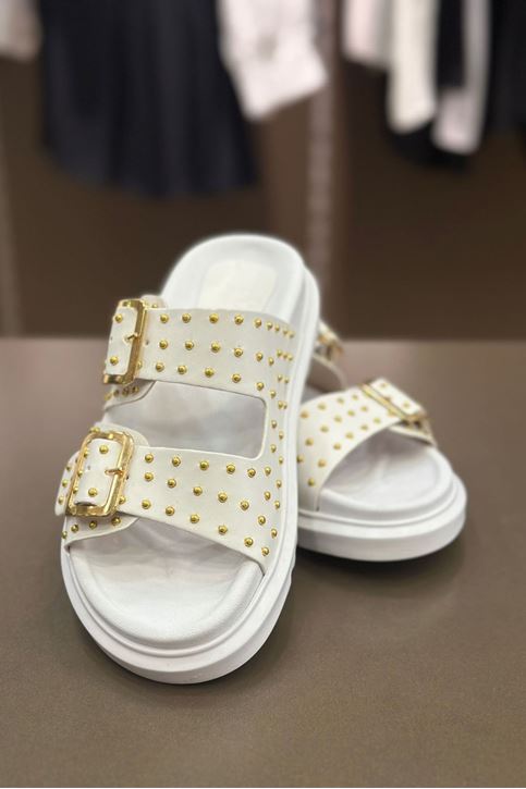 Çift Tokalı Kemerli Yüksek Taban Terlik-Beyaz