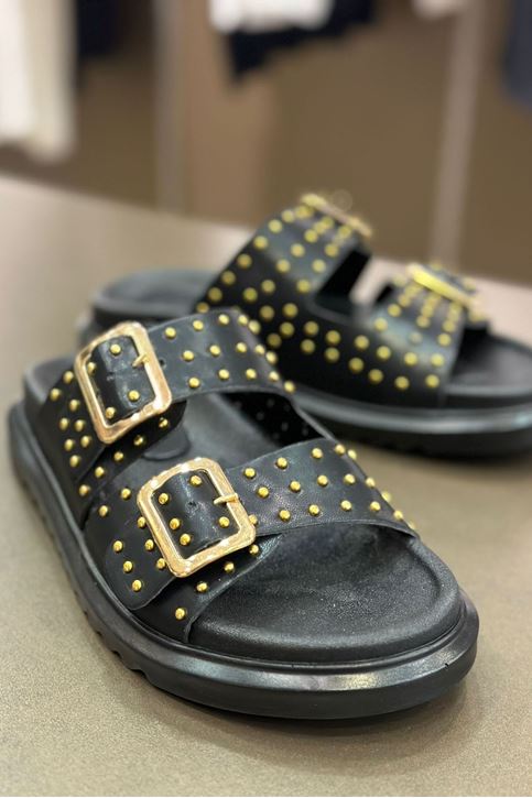 Çift Tokalı Kemerli Yüksek Taban Terlik-Siyah