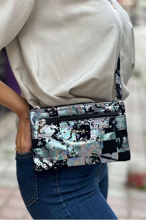 Üç Fermuarlı Yıkama Deri El Çantası-hologram