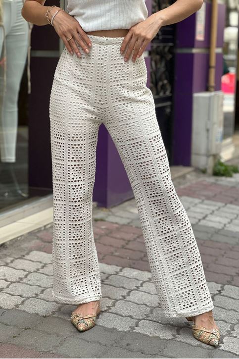 Bel Lastikli İçi Astarlı Güpür Pantolon-Krem