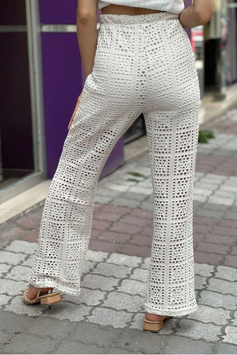 Bel Lastikli İçi Astarlı Güpür Pantolon-Krem