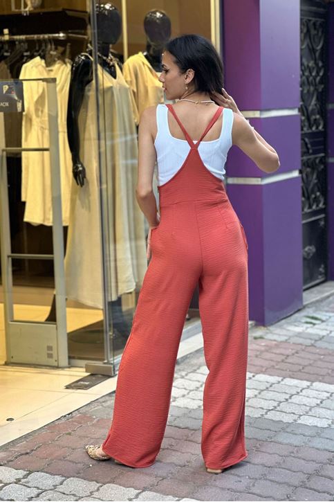 Kuş Gözlü Bol Paça Keten Tulum-Pudra