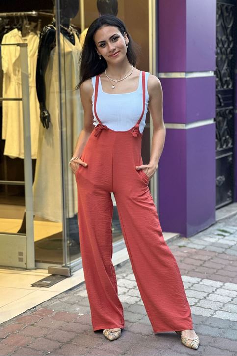 Kuş Gözlü Bol Paça Keten Tulum-Pudra