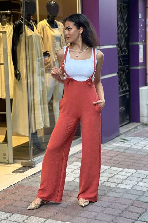 Kuş Gözlü Bol Paça Keten Tulum-Pudra