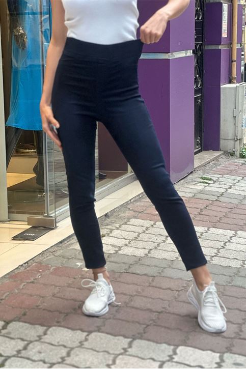 Ön Cep Görünümlü Yüksek Bel Lastikli Kot Tayt Pantolon-Lacivert