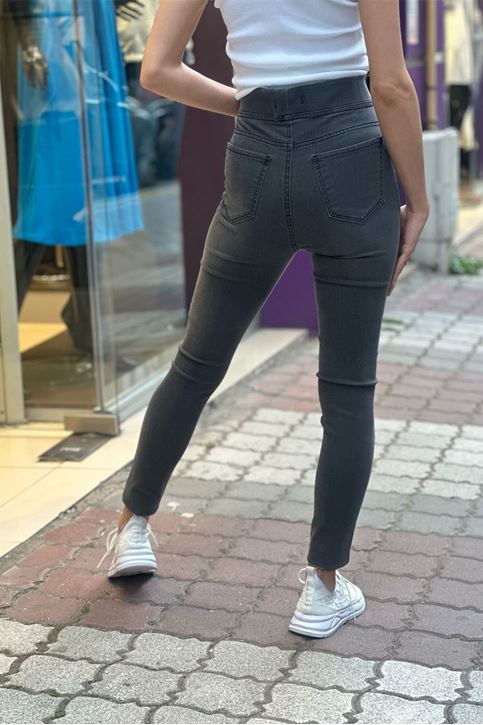Ön Cep Görünümlü Yüksek Bel Lastikli Kot Tayt Pantolon-Gri