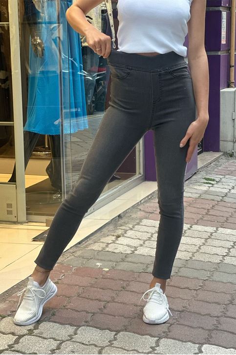 Ön Cep Görünümlü Yüksek Bel Lastikli Kot Tayt Pantolon-Gri