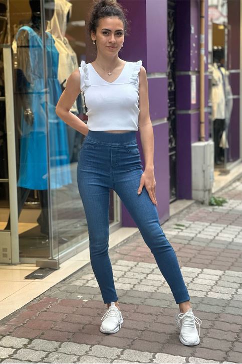 Ön Cep Görünümlü Yüksek Bel Lastikli Kot Tayt Pantolon-Mavi