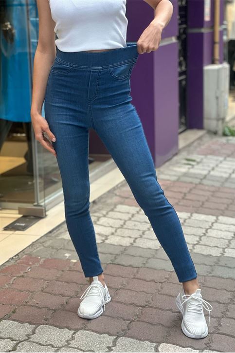 Ön Cep Görünümlü Yüksek Bel Lastikli Kot Tayt Pantolon-Mavi