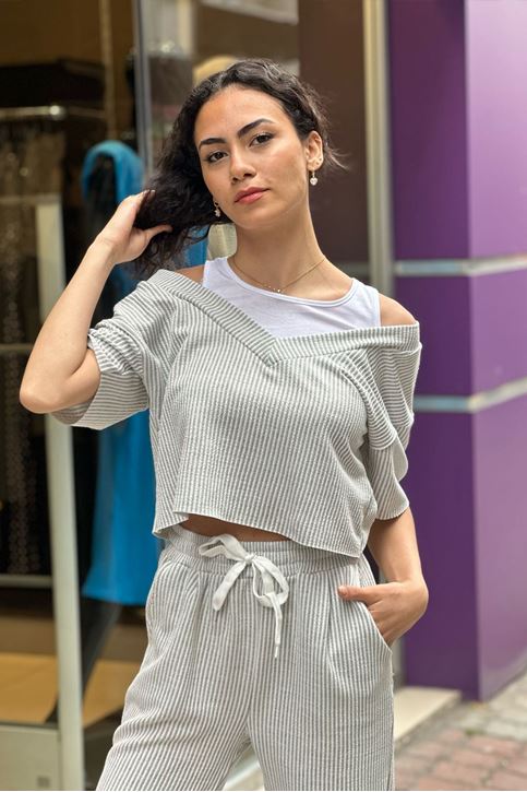 Omuz Açık Atletli Çizgili İkili Takım-Gri