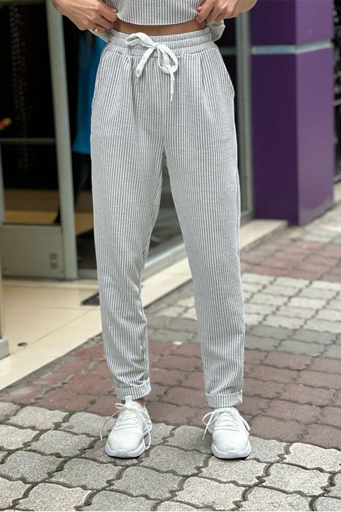 Omuz Açık Atletli Çizgili İkili Takım-Gri