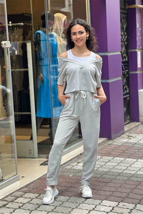 Omuz Açık Atletli Çizgili İkili Takım-Gri