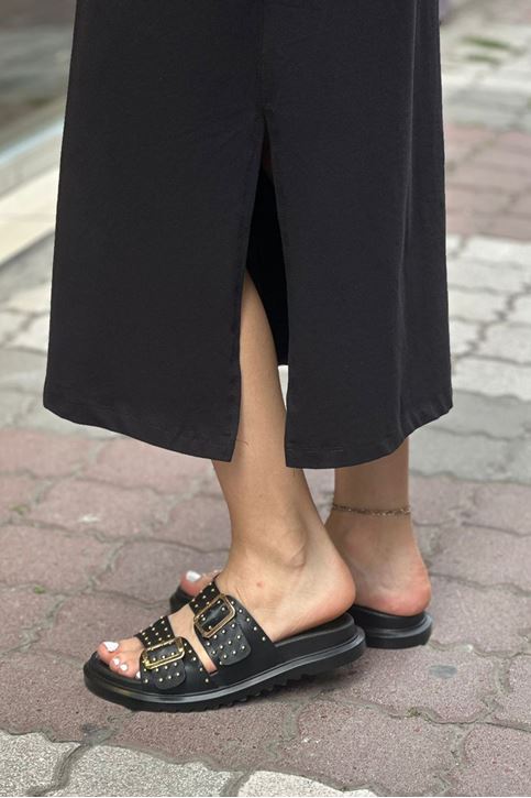 Çift Tokalı Kemerli Yüksek Taban Terlik-Siyah