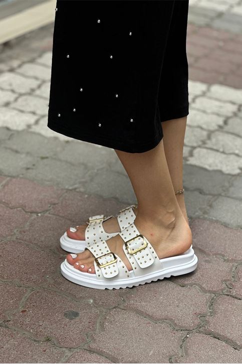 Çift Tokalı Kemerli Yüksek Taban Terlik-Beyaz