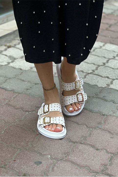 Çift Tokalı Kemerli Yüksek Taban Terlik-Beyaz